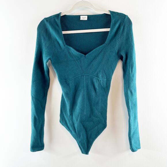 Abercrombie Long Sleeve Sweetheart Neckline Sweater Bodysuit Green Medium - Picture 2 of 7